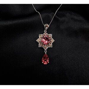 925 Sterling Silver Salmon Morganite STS Signed Necklace With Starburst Pendant